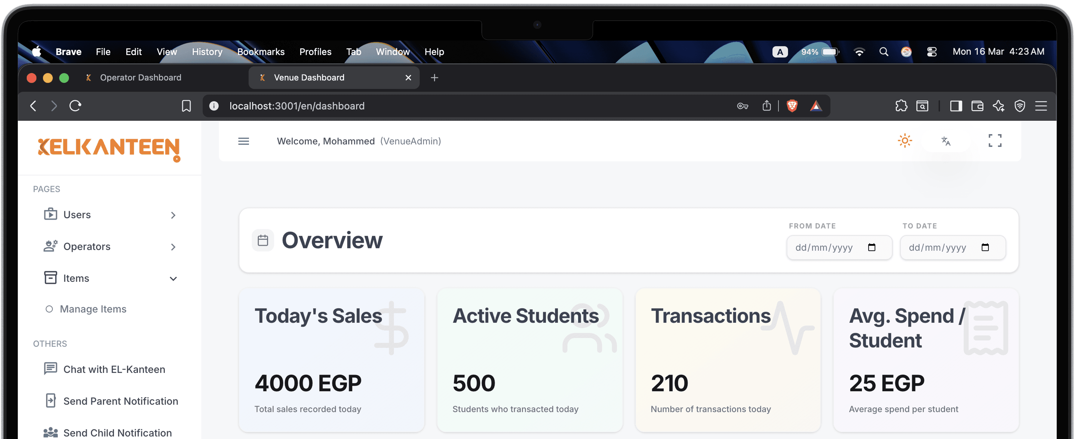 ElKanteen dashboard